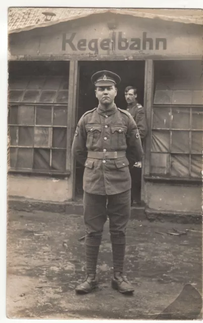 WW1 Era RAMC Trooper IN Front OF German Bowling Alley RP PPC, c 1919