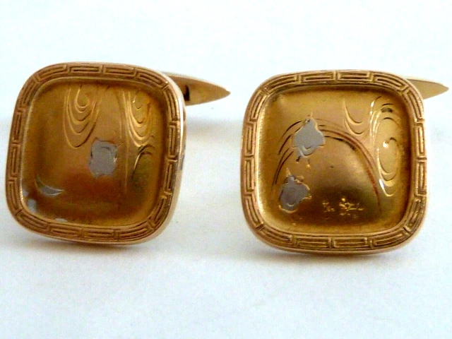 Asian Cufflinks, Inset White Gold Birds On 18K Yellow Gold Square, "Zn" Maker,