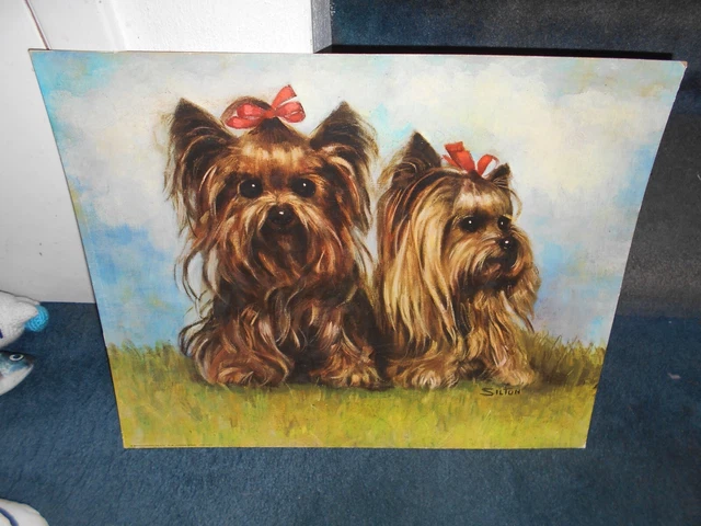 Vintage Framed Yorkshire Terriers Dog by Silton Textured Print Art Yorkies 16x21