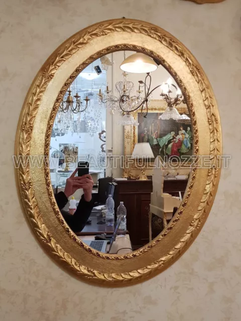 Specchio Da Parete Cornice In Legno Ovale Decoro Foglia Oro Arredo Casa