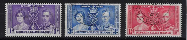 GILBERT & ELLICE ISLAND 1937 CORONATION used  Sc# 37 to 39