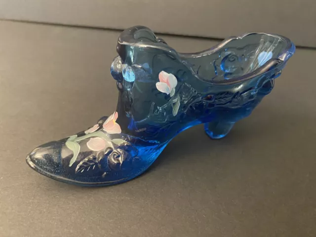 Vintage Fenton Blue Cabbage Rose Glass Slipper Shoe Hand Painted By A Meeks