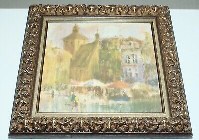 Framed oil painting of very detailed landscape with ornate wood frame 28” X 28”