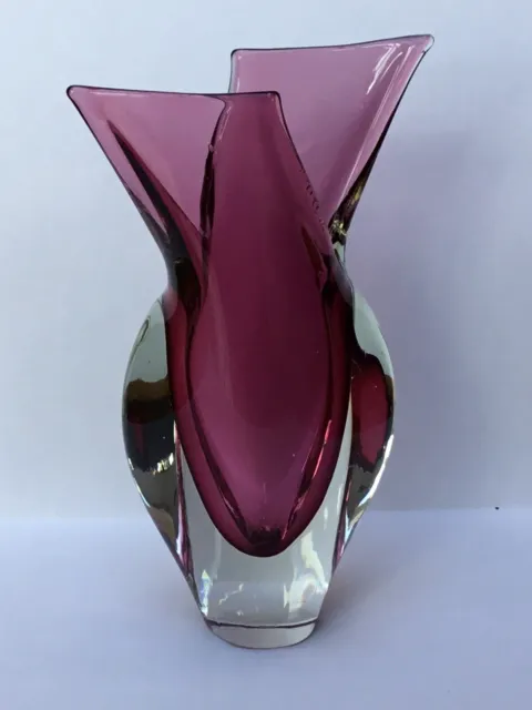 Vintage Murano Italian Fishtail Vase, Art Glass, Purple Clear, Oball Flavio Poli