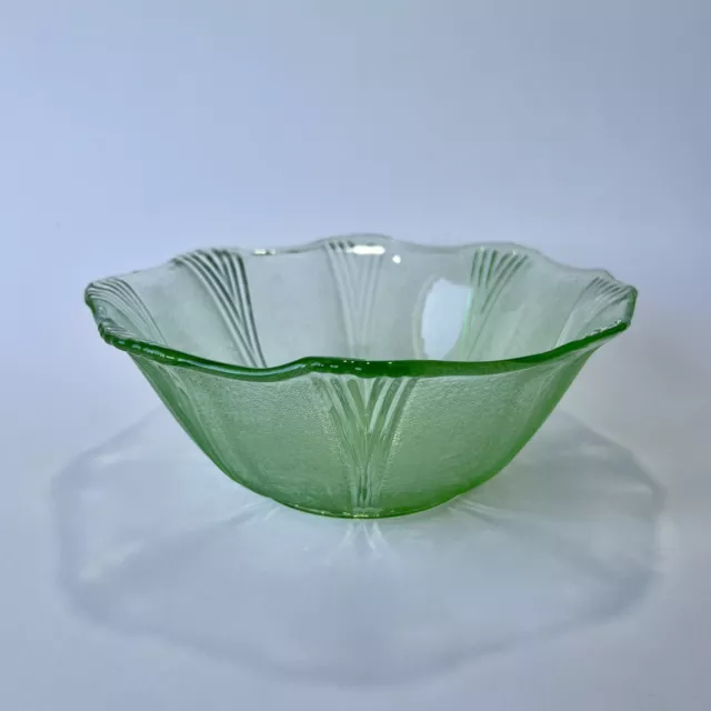 Green Depression Glass Bowl. smooth in. Textured outside. floral Center. 1930’s