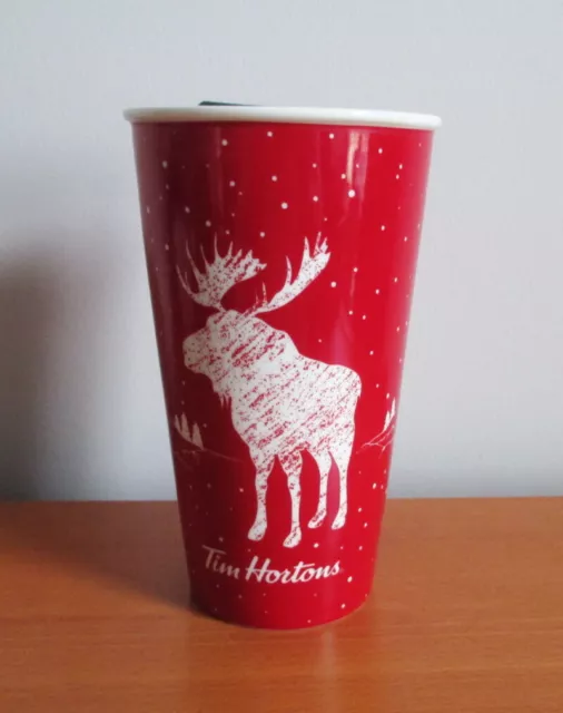 Tim Hortons Lidded Ceramic Travel Mug 2018 Red White Moose Trees 6"