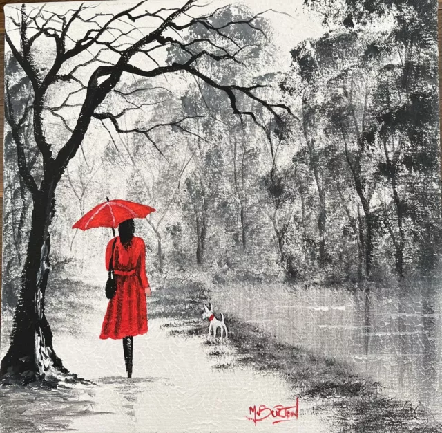 lady in red Walking The Dog By Mal. Burton Signed