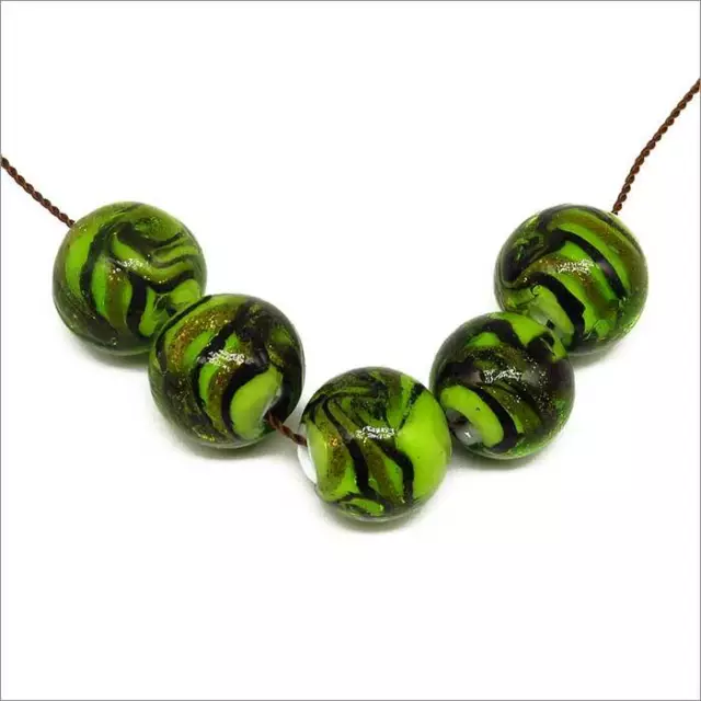 Lot de 4 Perles Rondes en Verre Lampwork 12mm Vert  Style Murano feuille d'or