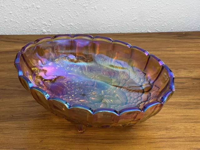 Vintage Large Iridescent Gold Carnival Glass Indiana Fruit Oval Footed Bowl