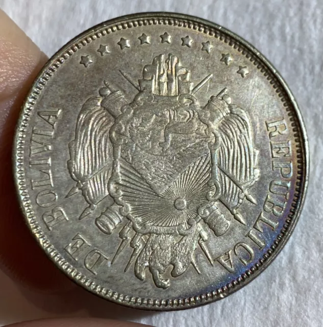 1872 PTS FE Un Boliviano Silver Coin, Republic of Bolivia 1-Boliviano, KM #160.1