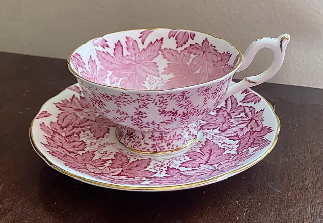 Antique Coalport England Bone China Tea Cup & Saucer w/ Pink Leaves (1920s)
