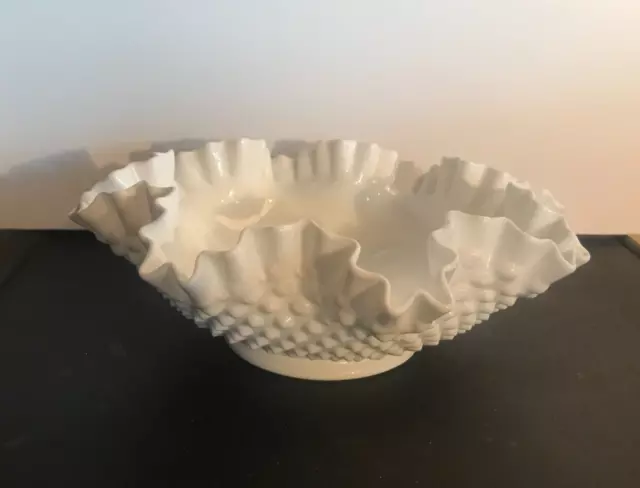 Large Vintage Fenton White Milk Glass Hobnail Ruffled Edge Bowl Dish