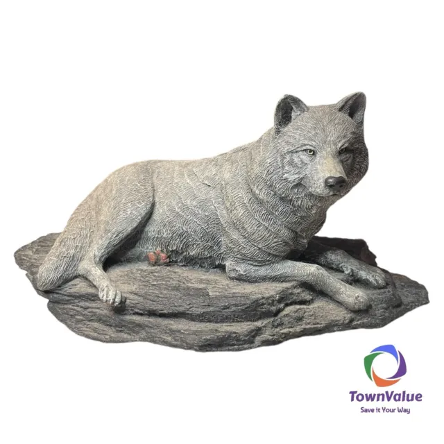 Grey Wolf Female Figurine Laying On Rocks Boulders Resin Wolves Statue 10”x5”x5”
