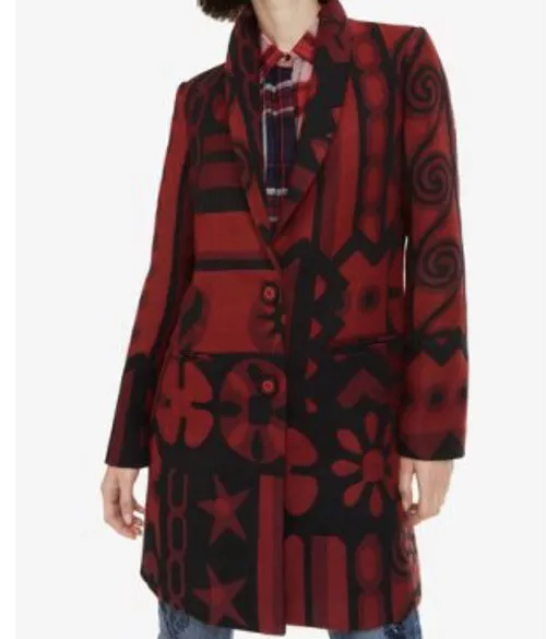 Desigual Women Coat Red/Black Abstract Pattern Original Jacket Size US 12 NWT