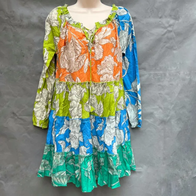 NWT Velzera Size L Orange Green Blue Mini Dress Lace Up Front Tiered Boho