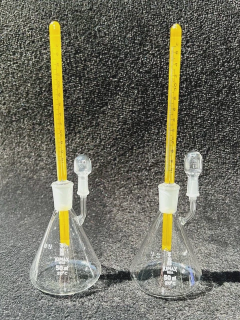 Two (2) New Kimble Specific Gravity (Pycnometer) 50 mL Bottles with Thermometers
