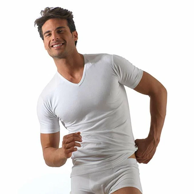 MU002 Set 3 Maglie Intime Uomo Cotone bielastico Mezza Manica paricollo Bianco