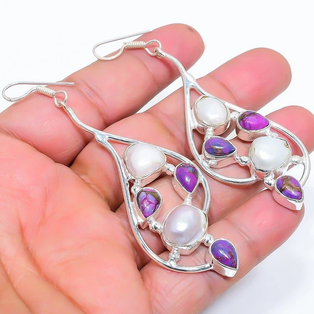 Copper Purple Turquoise, Pearl 925 Sterling Silver Jewelry Earring 3.35" F290