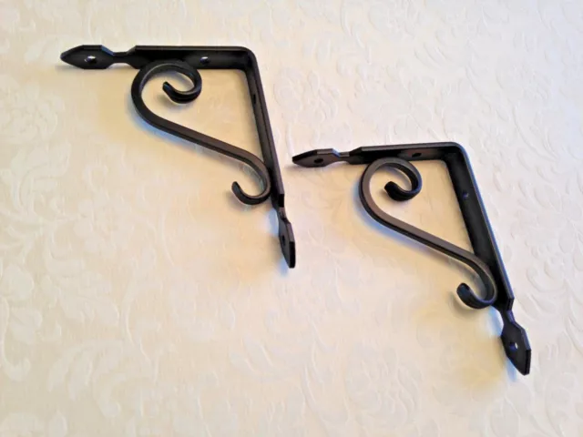 A Pair of Black Iron Metal ornate scroll support shelf brackets Gothic Style