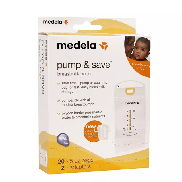 Medela Pump and Save Breast Milk Storage Bags with adapter, 20 ct