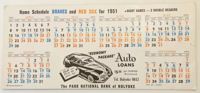 1951 Red Sox AND Braves Blotter Home Schedules ~ Park National Bank Of Holyoke