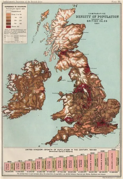 BRITISH ISLES. Population density in 1901. BARTHOLOMEW 1904 old antique map