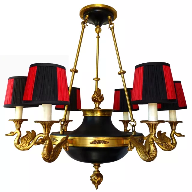 Gilt Bronze & Brass French Empire Chandelier w Swan Arms Red & Black Lamp Shades