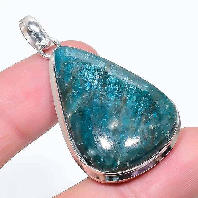 Pendentif En Amazonite Naturelle Forme Poire - Fait Main, Plaqué Argent, Inde, Vert, 75 Carats, Gravé