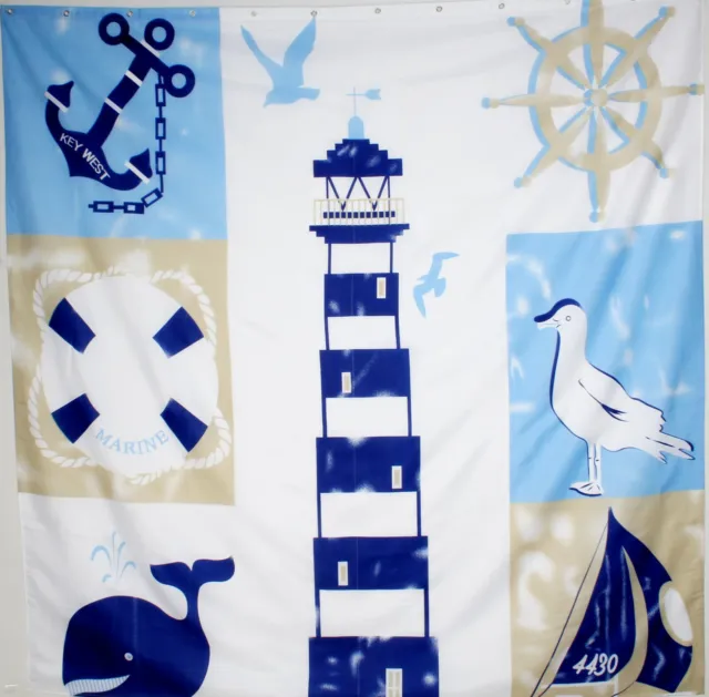 PMLAND Fabric Shower Curtain with Hooks, 70 x 70 Inch - Nautical Lighthouse