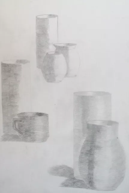 Vintage modernistische Bleistiftmalerei Stillleben mit Vasen und Töpfen