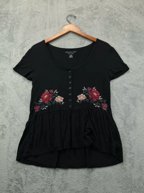 American Eagle Soft Sexy Top Boho Shirt Womens Small Black Floral Embroidered