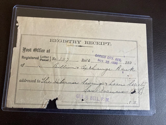 1893 Carson City Nv. Signed Registry Receipt Way Cool Piece Of History