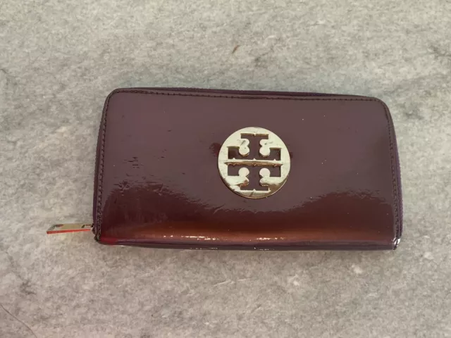 Tory Burch Stacked Patent Zip Deep Purple Iris ID Wallet