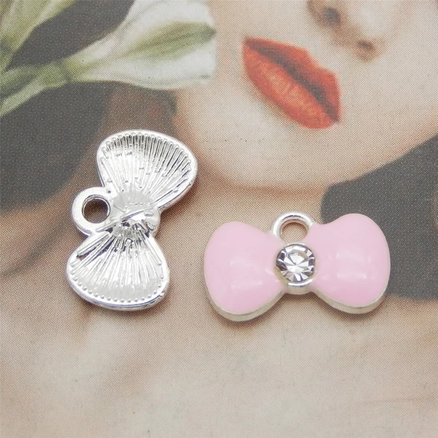 12 Stück Rosa Emaille Bogenknoten Charm Kristall Metall Anhänger DIY 15x9 mm