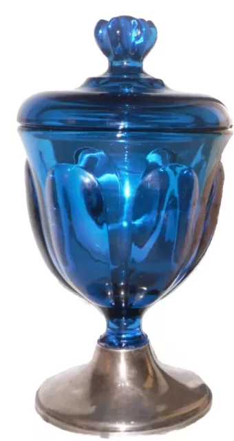 Vtg MCM Blue Viking Glass 6 Petal Lidded Candy Dish Empire Sterling Silver 460