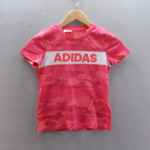 ADIDAS T Shirt 9-10 yrs Pink White Spell Out Print Short Sleeve Floral Girls