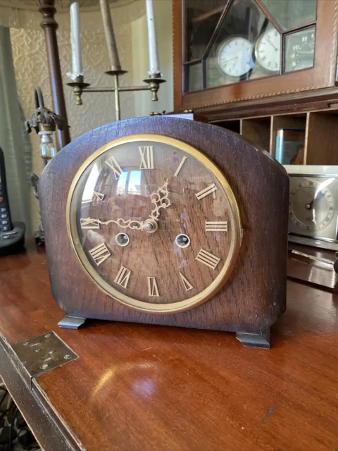 Original Smiths Enfield Art Deco Oak Striking 8 Day Mantle Clock