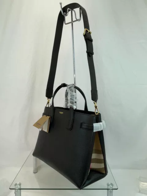$1790 Burberry Md Banner Black Leather Check Canvas Shoulder Medium Tote Bag 3