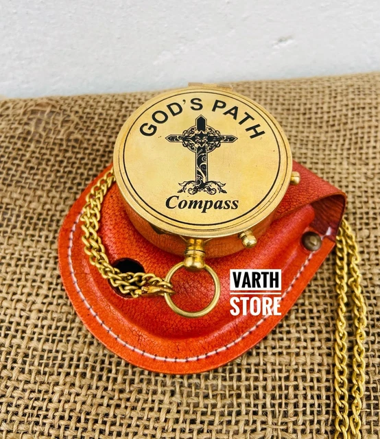 Vintage Victorian Pocket Compass Antique Brass Gift Compass With Case & Chain