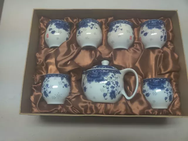 7 Piece Tea Chinese Tea Set Pot 6 Double Wall Cups Blue