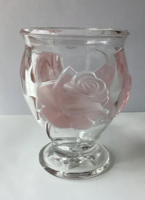 heavy vase, made in France, clear glass, with pink roses