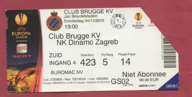 Billet original Europa League 2010/11 CLUB BRUGGE KV - NK DYNAMO ZAGREB !!