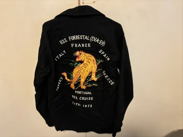 Vtg 1970’s Vietnam War Era Velvet  Souvenir Jacket Lg uss forrestal  cva 59