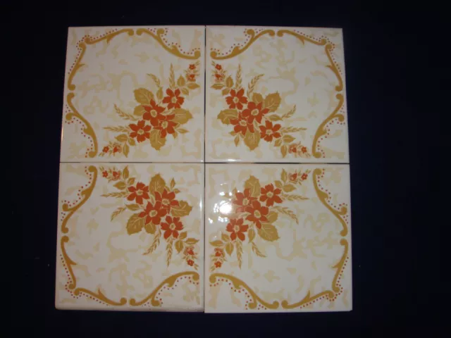 Vintage Ceramic Tile 6"X6"  Brazil 3/16" Floral Bell Design 4 Pc Set 12"X12"