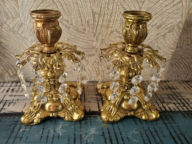 Vintage Hollywood Regency Style  Pair of Short  Bronze Candlesticks RARE in pair