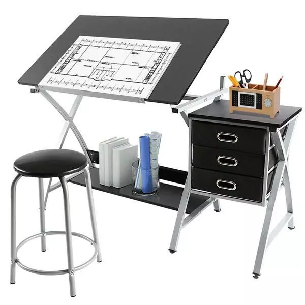 Drafting Table with Stool & Three Drawers Adjustable Height Tiltable Tabletop