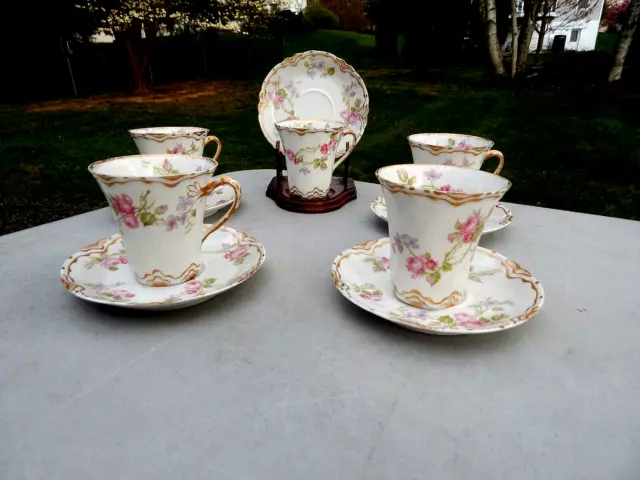 Set Of 5 Haviland Limoges  Chocolate Cups & Saucers W/ Roses - Schleiger  # 87 2