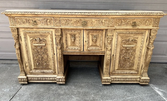 19th Century Flemish Carved Oak Sideboard Ornate Belgian Cabinet Bleached