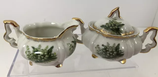 Sugar And Creamer Set Napco  IVD211 China Hand Painted Green  Gold Trim 4 Feet