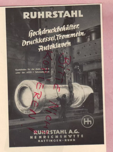 HATTINGEN Werbung 1952 Ruhrstahl AG Heinrichshütte Hochdruckbehälter Druckkessel